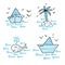 Simple doodle summer collection with paper boat, palm island and whale. Perfect for T-shirt, logo, stickers, poster. Hand drawn