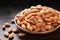 Simple elegance almond nuts displayed on a wooden serving plate