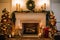 a simple yet elegant fireplace with a gold and red ornaments, candles, and greenery