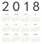 Simple european square calendar 2018