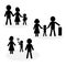 Simple family icon in black and white; symbol of child doing activities with parents.