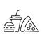 A simple fast food icon with a glass of pizza and a hamburger.