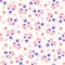 Simple feminine flower seamless pattern, vector illustration on white background. Blue and pink flowers with leaves and