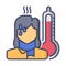 Simple Filled Line Icon female fever wearing a scarf with thermometer with white background Premium Vector Ilustration