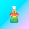 Simple flat art vector illustration of joyful guy in chef hat wearing christmas outfit with open shining magic bag in han