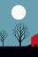Simple flat Bauhaus illustration of a house and 2 trees at night. Full moon over a town in a minimalist geometric landscape of