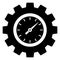 Simple, flat, black and white clock/timer inside of a cogwheel icon