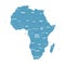 Simple flat blue map of Africa continent with national borders and country name labels on white background. Vector