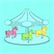 Simple flat colorless contour illustration of a carousel with three horses