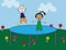 Simple flat illustrated kids jumping on outdoor large trampoline