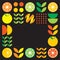 Simple flat illustration of abstract shapes of citrus fruits, lemons, lemonade, limes, leaves and other geometric symbols.