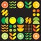 Simple flat illustration of abstract shapes of citrus fruits, lemons, lemonade, limes, leaves and other geometric symbols.