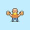 Simple flat pixel art illustration of cartoon bald smiling man with light beard holding two glasses of beer