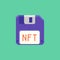 Simple flat pixel art illustration of cartoon blue computer floppy disk labeled NFT or non-fungible token