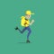 Simple flat pixel art illustration of cartoon character delivery man in yellow uniform with yellow backpack riding roller