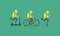 Simple flat pixel art illustration of cartoon character delivery men in yellow uniform with yellow backpacks wich riding