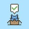 Simple flat pixel art illustration of cartoon cute kitten sitting in an open cardboard box and speech-bubble with green a