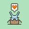 simple flat pixel art illustration of cartoon cute rabbit sitting in a cardboard box with a red heart in a speech bubble