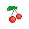 Simple flat pixel art illustration of cartoon pair of red cherries on a twig with green leaf on white background