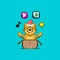 Simple flat pixel art illustration of cartoon smiling tiger in santa red hat sitting in an open cardboard box, cat juggli