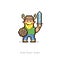 simple flat pixel art illustration of cartoon smiling viking in a horned helmet with a blond beard who holds an axe and a