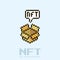 Simple flat pixel art illustration of open cardboard box with text box and the inscription NFT in it