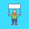 Simple flat pixel art illustration of smiling bald guy with a white blank poster in his hands