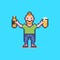 Simple flat pixel art illustration of smiling guy with a bottle and a glass of beer in his hands