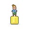 Simple flat pixel art illustration of smiling joyful female cartoon character standing on a golden pedestal taking first