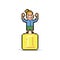 Simple flat pixel art illustration of smiling joyful female character standing on a golden pedestal taking first place wi
