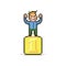 Simple flat pixel art illustration of smiling joyful male character standing on a golden pedestal taking first place with