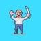 Simple flat pixel art illustration of smiling pirate with a wooden leg and a sword in his hand