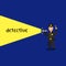 Simple flat pixel art illustration of smiling policeman holding a flashlight in one hand and a gun in the other