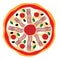 Simple flat pizza icon, bacon, cheeze, basil, olives and tomatoes, vector illustration