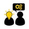 Simple flat vector icon - concept of teamwork, counseling, sharing an ideas. Symbols of two people with a light bulb in their head