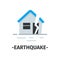 Simple flat vector icon with house destroyed by earthquake and text. Dangerous catastrophe. Natural disaster