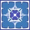 Simple floral ornament rosette in a square. Decorative Mediterranean motif. Floral mosaic tile pattern. Oriental arabesque blue