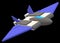 A simple futuristic three dimensional model image of a fighter jet plane with indigo blue wings light dark grey chassis and sky bl