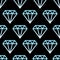 Simple gem stones blue and white on black wire framed diamond crystals seamless pattern, vector