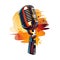 Simple graphic logo of colorful microphone on white background.