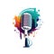 Simple graphic logo of colorful microphone on white background.