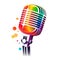 Simple graphic logo of colorful microphone on white background.