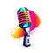 Simple graphic logo of colorful microphone on white background.