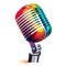 Simple graphic logo of colorful microphone on white background.