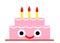 A simple graphical representation of a two tier pink rose birthday cake with three candles and a cute face white backdrop