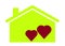 A simple graphics representation of a lime luminous house with a pair of maroon red hearts within white backdrop