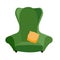 Simple green comfortable armchair with yellow pillow. arty-crafty vintage sofa icon. Isolated flat cartoon vector