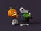 Simple halloween cartoon witches boiling cauldron with pumpkin jack, ghost and skull 3d render illustartion.