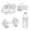 Simple hand draw sketch of sport equipment, shoes, jumping rope and dumbbell,water bottle