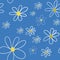 Simple hand drawing daisies on blue background. Seamless floral pattern. Linen print, packaging, wallpaper, textile design